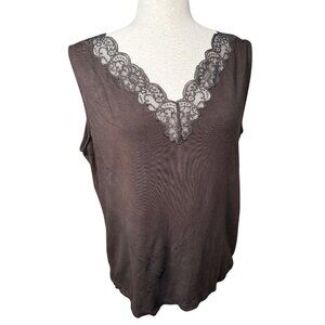 Y2k LRL XL Chocolate Brown Lace Trim Tank Cami Sleeveless preppy  layers Read